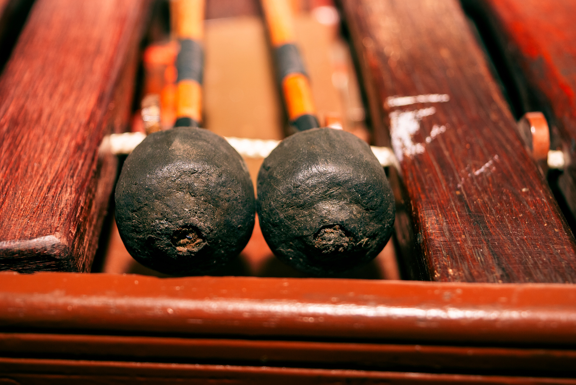 Marimba keyboard made of Hormigo wood, the national instrument of Guatemala, melodies and traditional sound in todaca for men at a party or celebration.