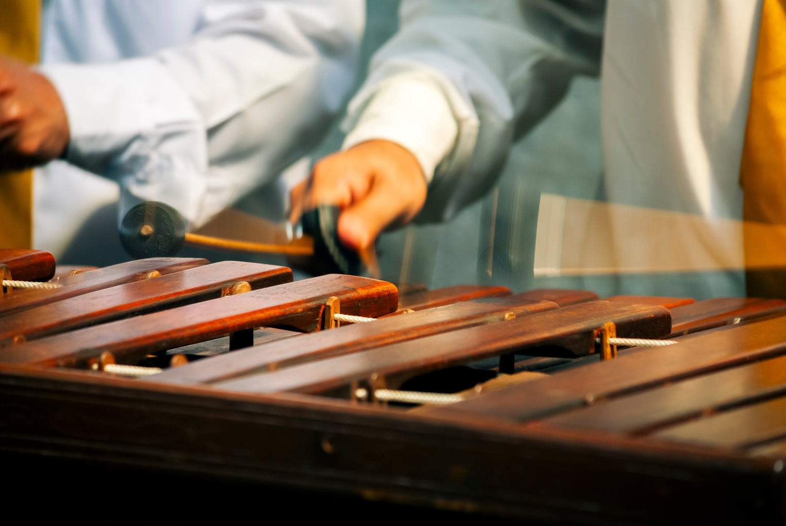 Marimba keyboard made of Hormigo wood, the national instrument of Guatemala, melodies and traditional sound in todaca for men at a party or celebration.